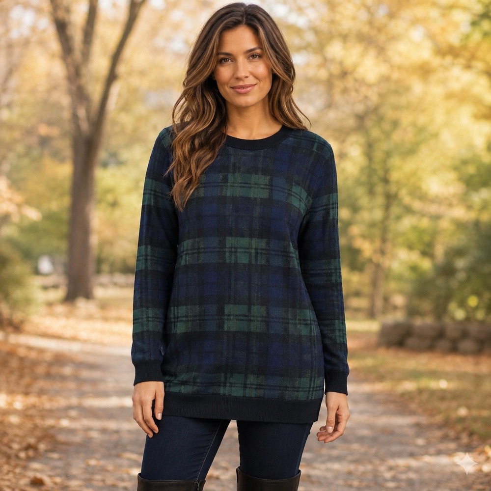 J.McLaughlin Womens Navy Green Black Watch Plaid Crew Neck Modal Sweater Size M